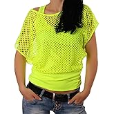 Smile Fish Women Casual Sexy 80s Costumes Fishnet Neon Off Shoulder T-Shirt