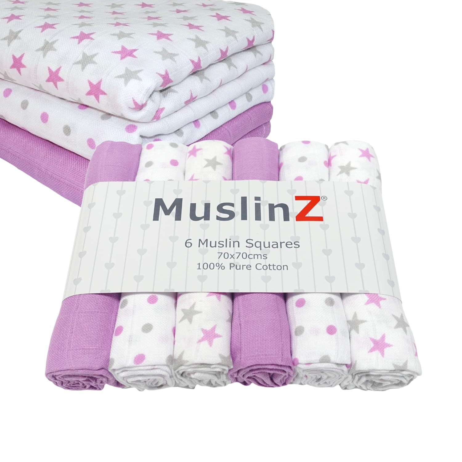 MuslinZ Muslin Cloths for Baby - Baby Burp Cloths - 6 Pack Muslin Squares - Large 70x70cm - Pure Cotton - Soft, Absorbent & Breathable - Multi Use Newborn Cloths - UK Brand (Violet Star)