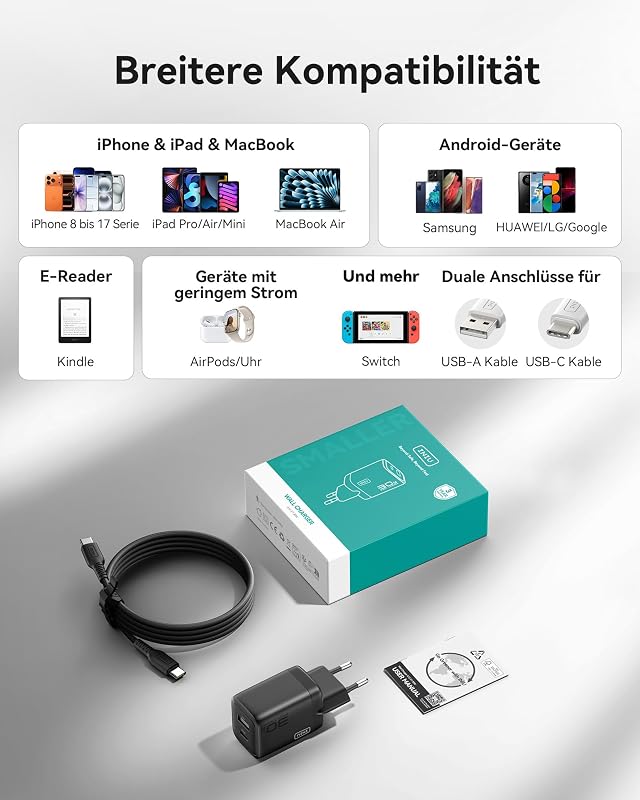 30W USB C Ladegerät, Dual-Port GaN Schnellladegerät mit 1,5m 60W Kabel