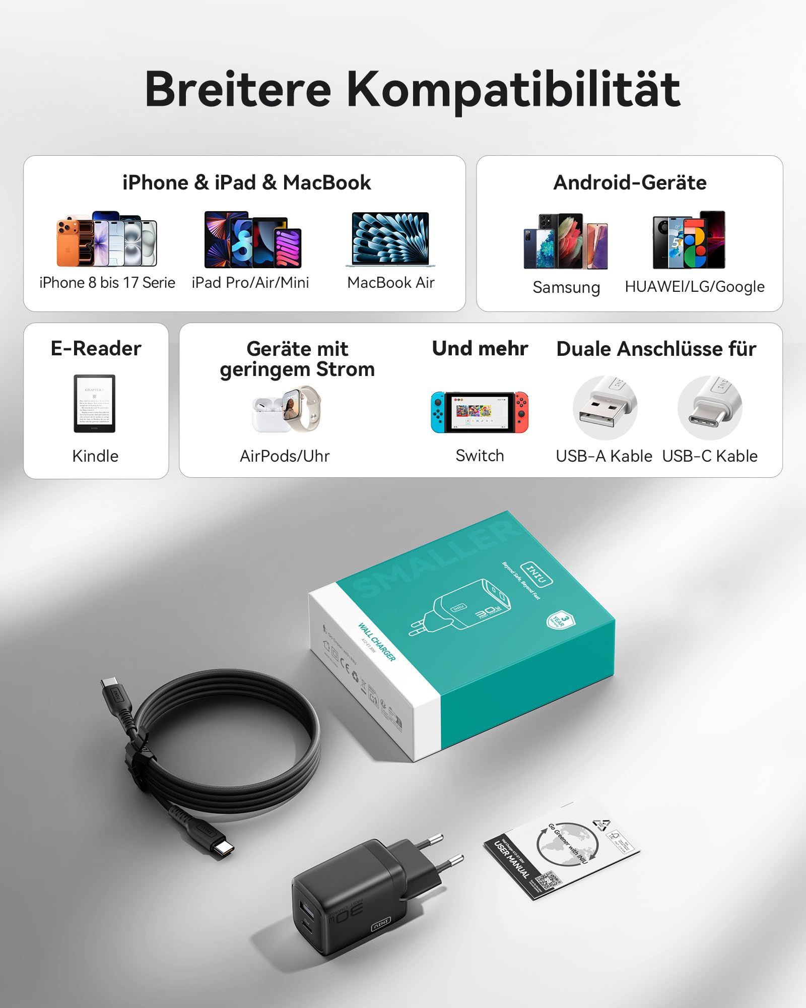 INIU 30W USB C Ladegerät, PD GaN Tech Schnellladegerät mit Schnellladekabel USBC, iPad Netzteil Adapter für iPhone 17 16 15 Pro Max, iPad Air 13, Samsung S25 S24 Ultra, Xiaomi 17 Ultra, Pixel 10 9a 7