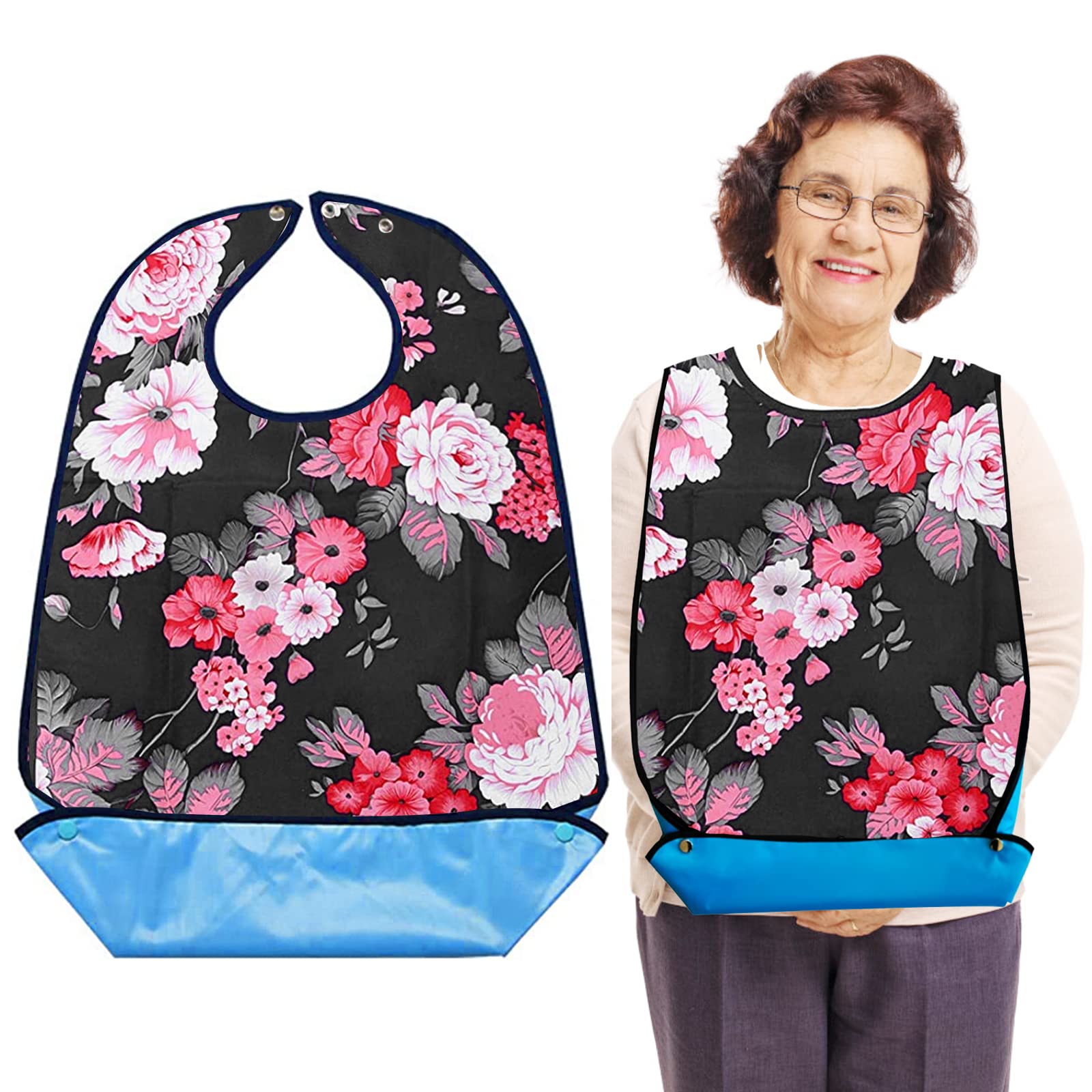 Cosysparks Adult Bibs for Women - Washable Dining Bib for Elderly, Waterproof With Crumb Catcher, Reusable Clothing Protector, Disability Feeding Bib (Flower)