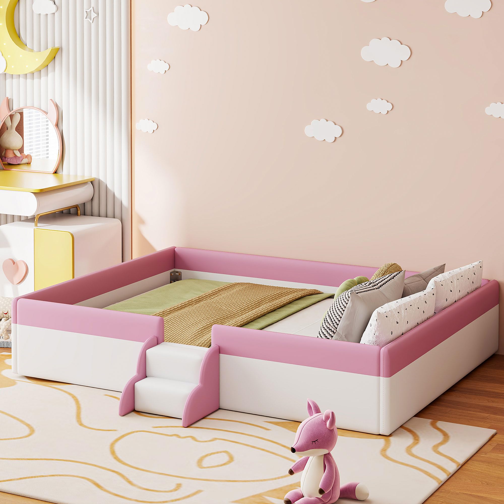 Photo 1 of ***only box 1 of 2 , PARTIAL SET***Merax King Size Kids Floor Bed, Daybed Frame with Fence and Stairs, Upholstered Wood Bed for Living Room, White+Pink