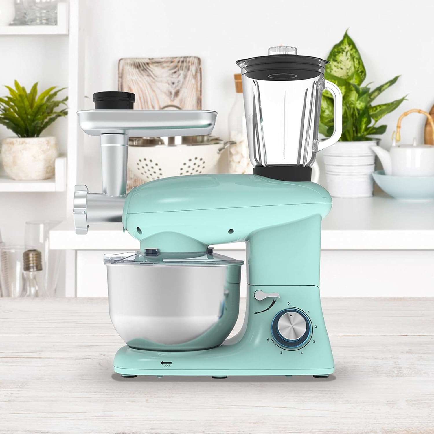 Electric Stand Mixer, 3 in 1 & 6 Speed Kitchen Mixer,with Grinder Meat and Juice Blender,Tilt Head,6Qt Food Mixer,Blue