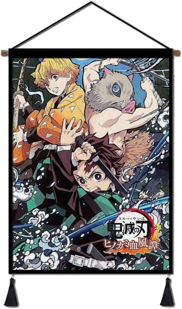 Premium Wall Art Hanging Poster, Demon Slayer Canvas Painting with Scroll Wood Hanger Decor for Home Dorm Office 18X24 Inch