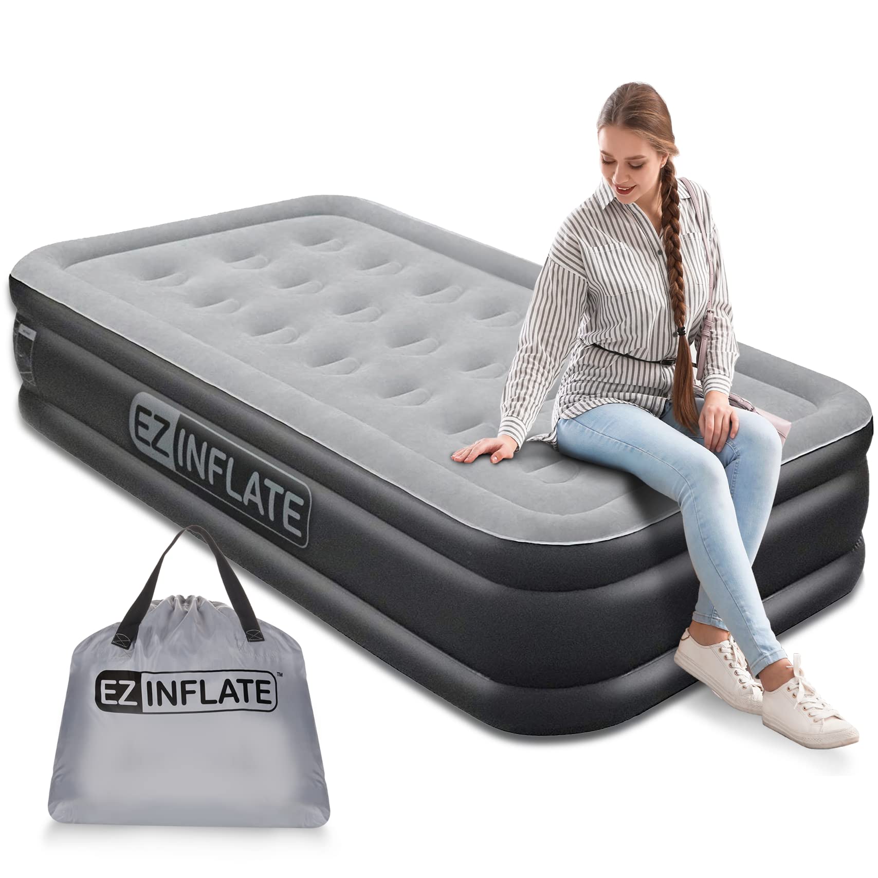 Photo 1 of EZ INFLATE Air Mattress with Built in Pump - Twin Size Double-High Inflatable Mattress with Flocked Top - Easy Inflate, Waterproof, Portable Blow Up Bed for Camping & Travel