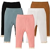 DREAM BUS 5 Pack Baby Girl Pants Toddler Girl Solid Ribbed Pants with Lace Trim Newborn Cotton Leggings Infant Jogger Pants