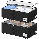Under Bed Storage with Wheels, 2-Pack 10" Height XXL 75L Rolling Storage Bins, Quick Assembly Underbed Shoe Storage Containers with Clear Lid &amp; Label, Dorm Under Bed Drawers for Clothes, Shoes, Black