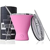 vaanshie Stainless Steel Martini Glass [Pack of 1] – 10oz, Pink, Powder Coated, No Sweat, Double Wall Margarita Cup with Lid | Ideal for Valentines Day Gift
