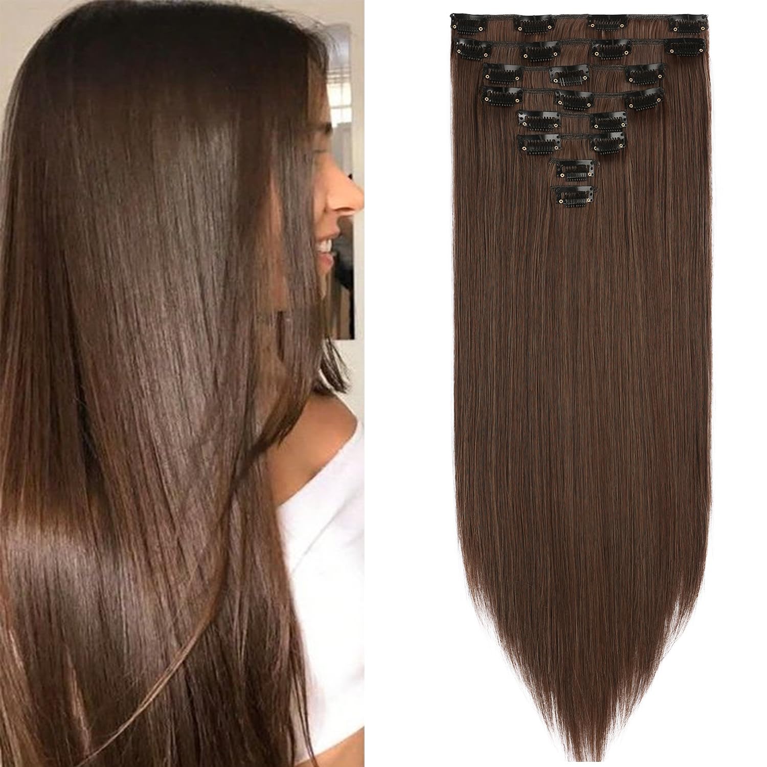 Mscat 20 Inch Clip in Hair Extensions 8Pieces/Set Brown Straight Hair pieces hair extensions Natural Soft Synthetic Hairpieces for Women(9#)