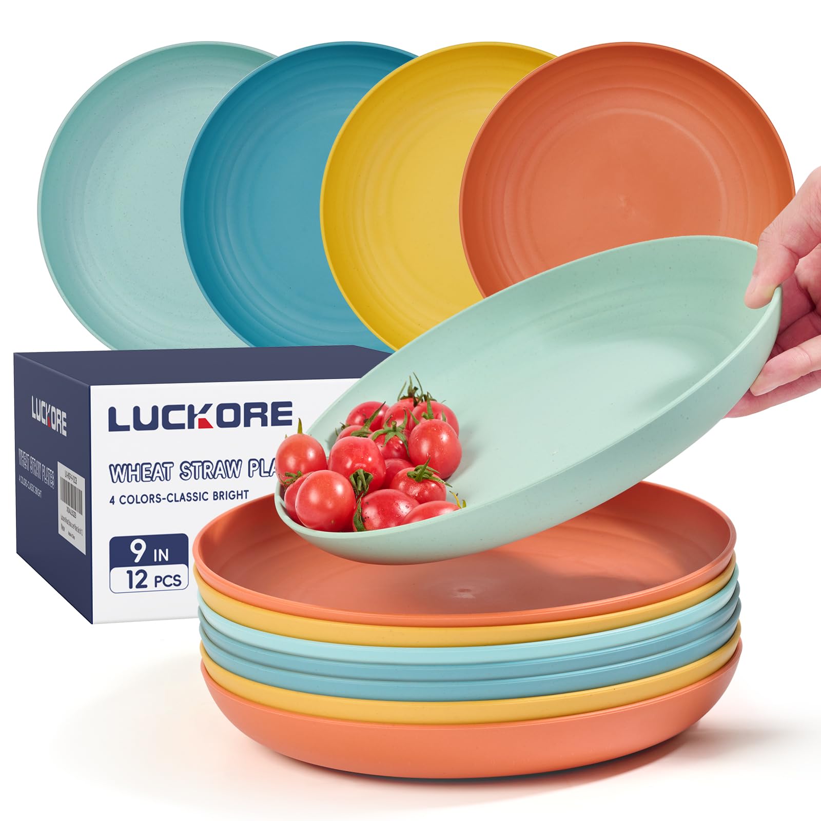 Photo 1 of Luckore 9 inch Deep Dinner Plates Set of 12 Wheat Straw Plates, Unbreakable Dinner Dishes Alternative for Plastic Microwave and Dishwasher Safe for Kitchen with 4 Colors Classic Bright
