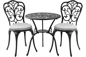Withniture 3 Piece Bistro Patio Set Cast Aluminum Bistro Table and Chairs Set of 2 with Cushion,Outdoor Bistro Table Set with Umbrella Hole,All Weather Patio Furniture Set for Garden,Black