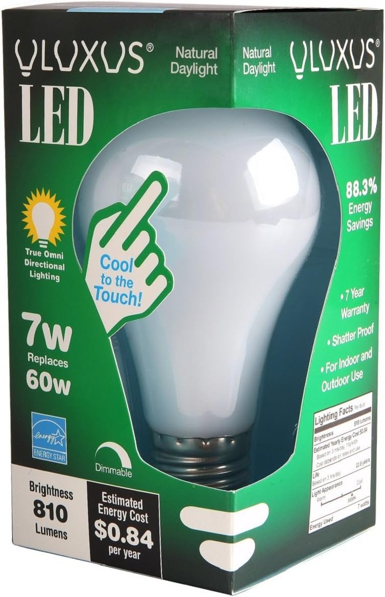 60 Watt Equivalent Omnidirectional LED A19 Daylight (5000K) Dimmable Light Bulb - 360 Degrees Beam Angle – Uses ONLY 7W (2-Pack)