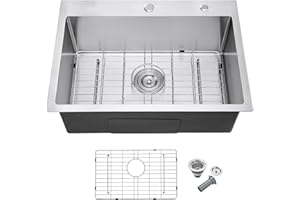 MENATT 25 Inch Drop in Kitchen Sink Brushed, 18 Gauge Stainless Steel 2 Holes Single Bowl Topmount Kitchen Sinks with Drain Assembly & Grid, D25"xW18"xH9"