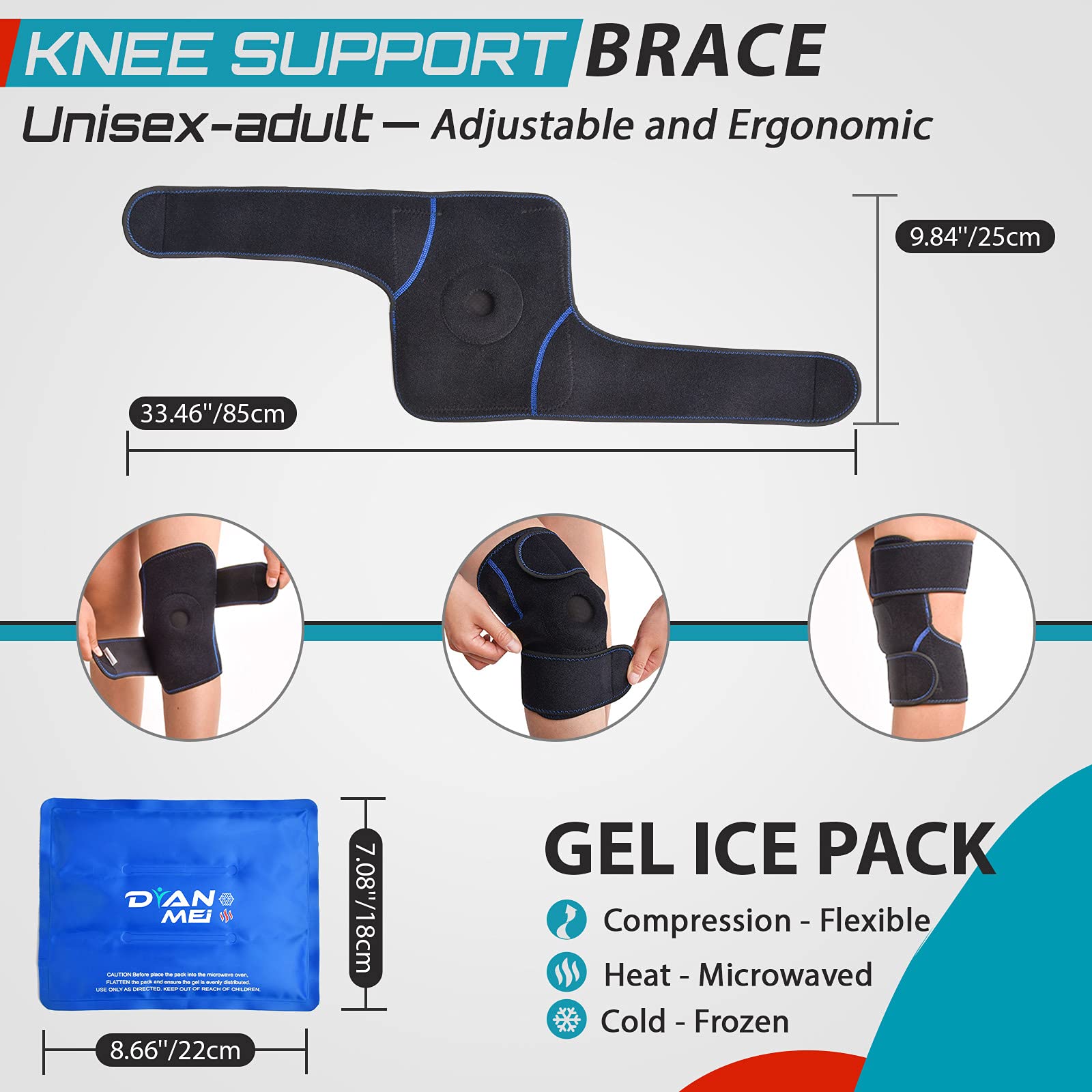 Knee Ice Pack Wrap (2 Flexible Gel Packs) Reusable Cold Hot Therapy - Adjustable Knee Gel Compression Support Brace for Sports Injuries Recovery, Patella Surgery, Arthritis Pain, Meniscus Tear