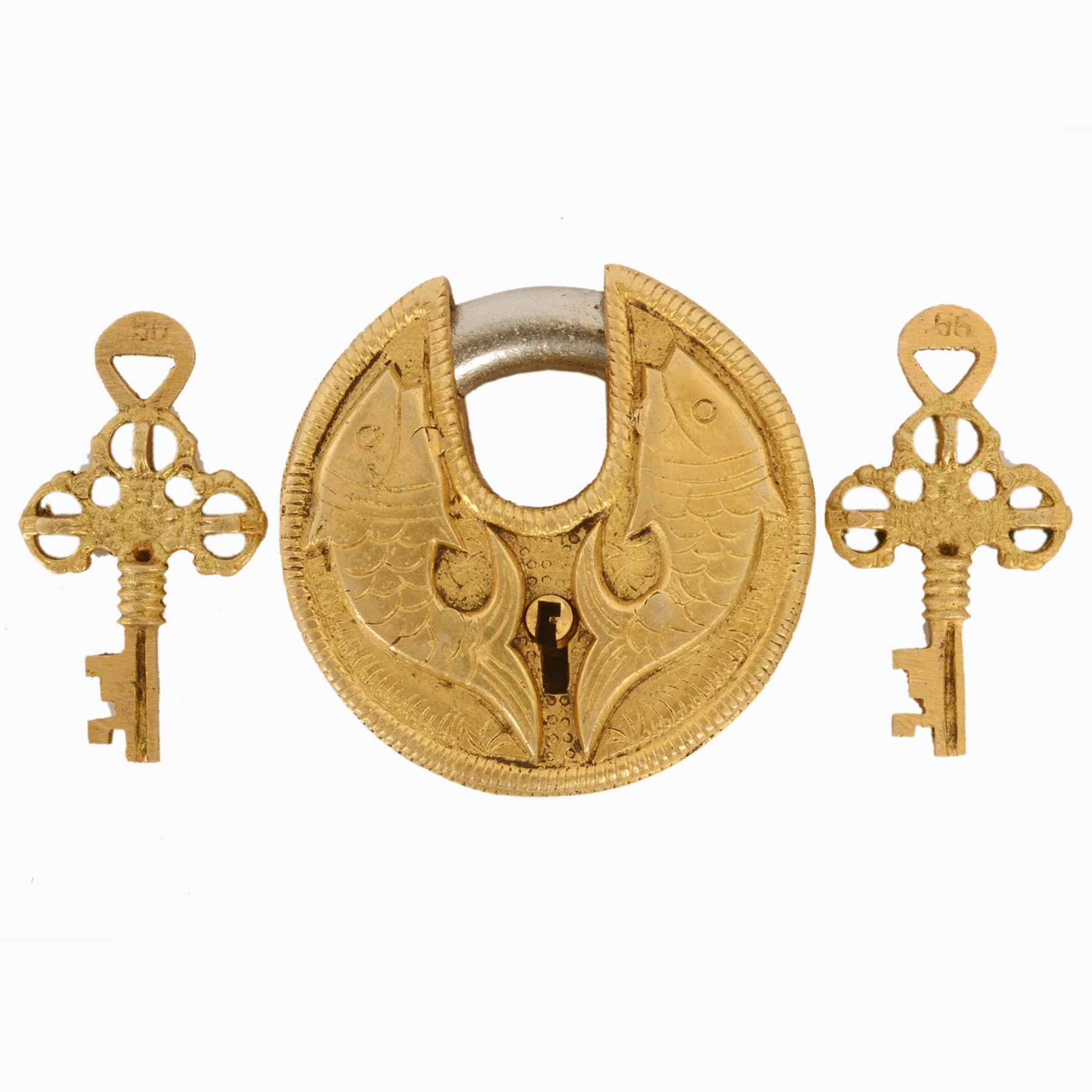 Purpledip Brass Lock Padlock with Fish: Round Antique Design; Unique Collectible Combination with Feng Shui Vastu Significance (11043)