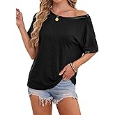 LilyCoco Womens Off The Shoulder Tops Summer Casual Plain Sexy Short Sleeve T Shirt