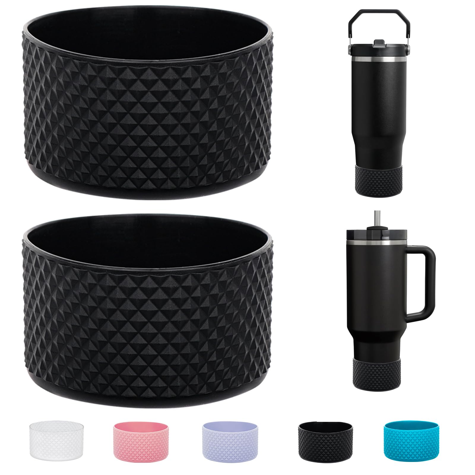 WK IEASON 2 Pcs Tumbler Bottom Protector Flask Silicone Boot for Stanley Quencher Adventure 40oz & Stanley IceFlow 20oz 30oz and Compatible with Hydro Flask Wide Mouth 12oz 21oz 24oz(Diamond Blackx2)
