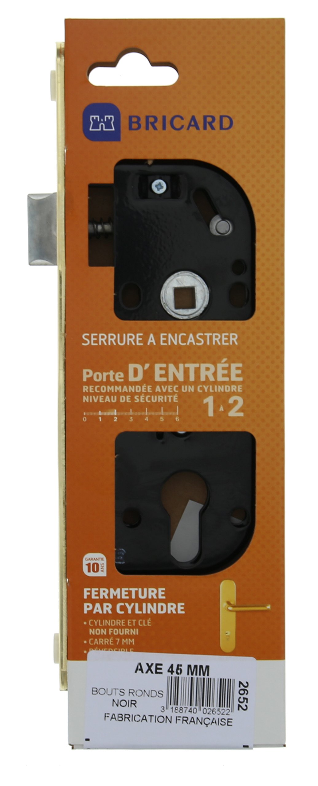 BRICARD 2652 64 mm Deadbolt Lock 1/2 Round Reversible Axle 45 Cylinder Head Painted Steel Rounded Ends, Black