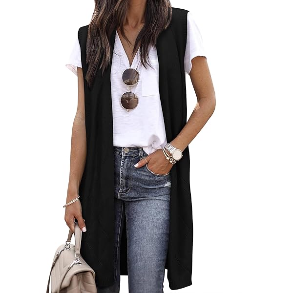 ZXZY Black Long Vest Women Sleeveless Cardigan Lightweight Open