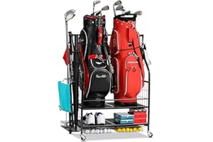FHXZH Golf Bag Storage Garage Organizer - Golf Bag Stand Fit for 2 Bag, Extra Clubs, Balls, Shoes, and Golf Equipment Accessories, Golf Storage Rack for Garage, Club, Shed