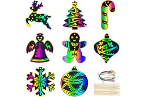 ACERICH 48 Pcs Christmas Scratch Art for Kids, Snowman Elk Rainbow Scratch Paper Angel Bell Christmas Crafts for Kids Christmas Party Favors Supplies Gifts DIY Decoration