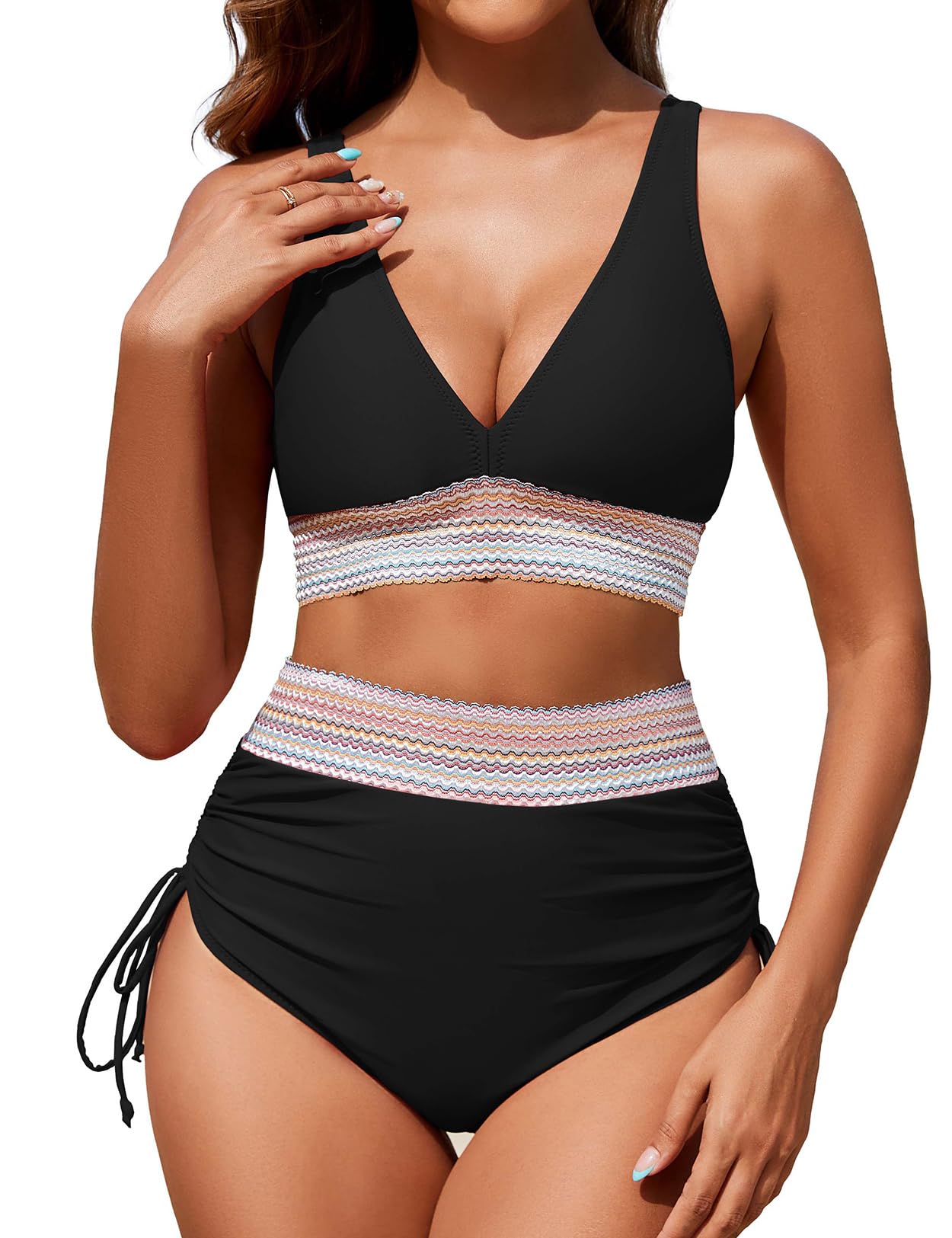 Photo 1 of Zuvebamyo Women's High Waisted Bikini Sets Two Piece Tummy Control Swimsuit Color Block Bathing Suits Black XL