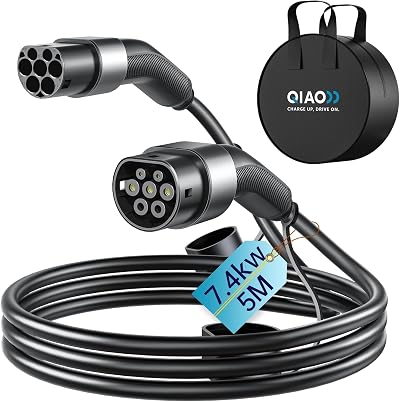 QIAO Type 2 EV Charging Cable 7.4kW 5m 32A Single Phase Type 2 to Type 2