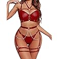 Avidlove Lingerie Set for Women Sexy Strappy 5 Piece Lingerie Garter with Underwire Push Up Bra and Chain