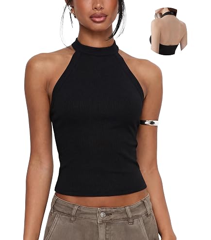 SOLY HUX Women's High Neck Halter Tank Top Sleeveless Draped Open
