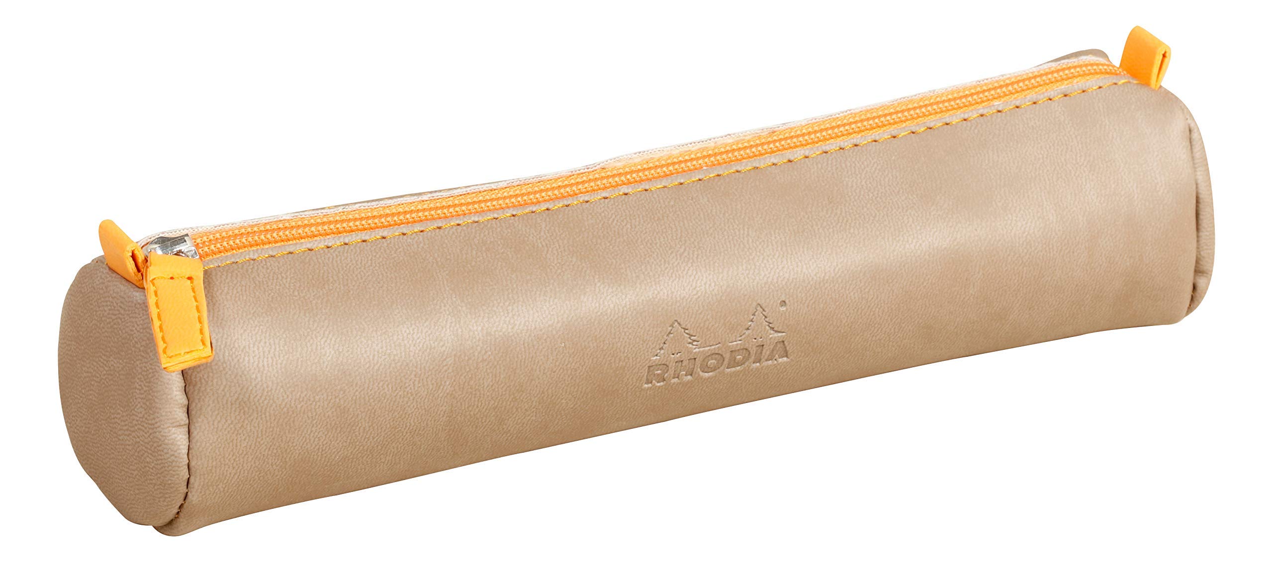 RHODIA 318894C - Rhodiarama Taupe Round Pencil Case - 21.5 x 5.5 cm - Genuine Orange Stitching - Ivory Jersey Interior - Faux Leather - Storage for Pens, Pencils, Markers, Small Supplies