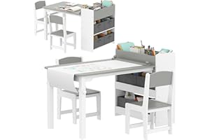 Qaba Kids Table and Chair Set with Paper Roll, Toddler Table and Chair Set with Storage Shelves and Drawers, Art Craft Table 