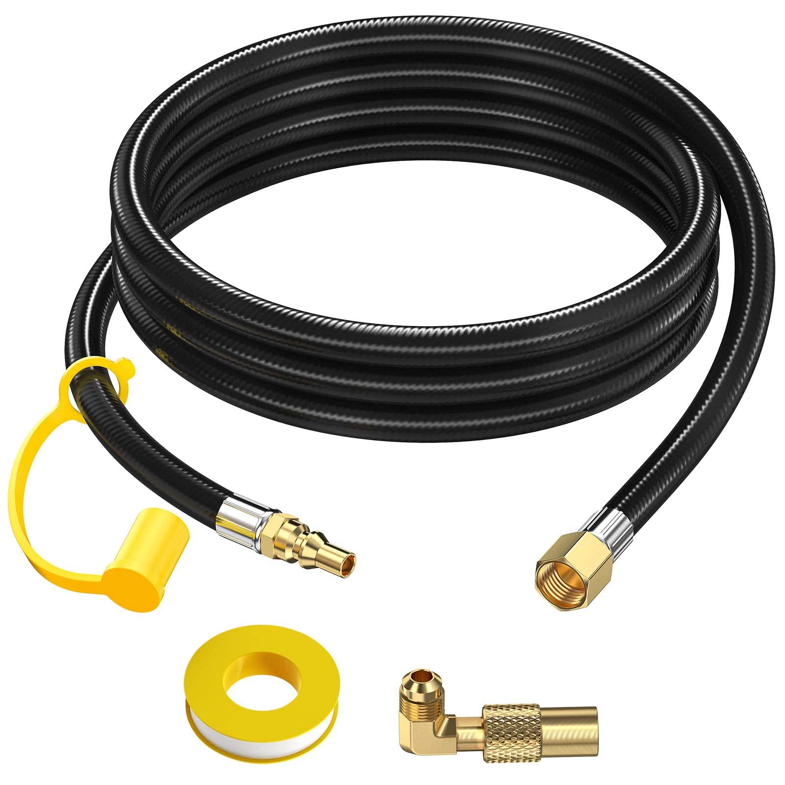 Photo 1 of 7 FT RV Propane Quick Connect Hose to Grill, BBQ Quick Release LP Gas Line for Camp Chef Stove, Pit Boss Burner-1/4 Male Plug x 3/8 Female Flare-with Elbow Adapter for Blackstone 17"22"28''36''Griddle