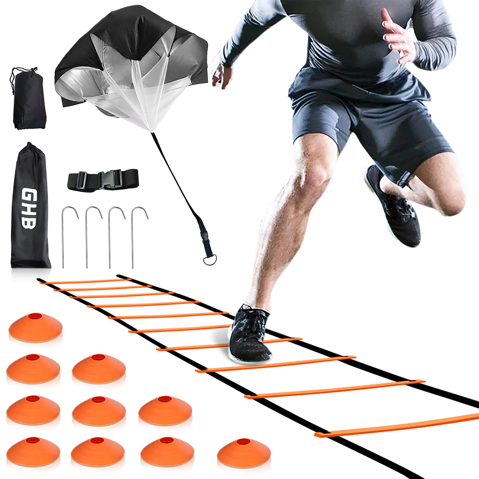 GHB Agility Ladder Speed Ladder 6M 12-Rung with Resistance Parachute 10 Cones 4 Stakes for Kids Adults Football Speed Training