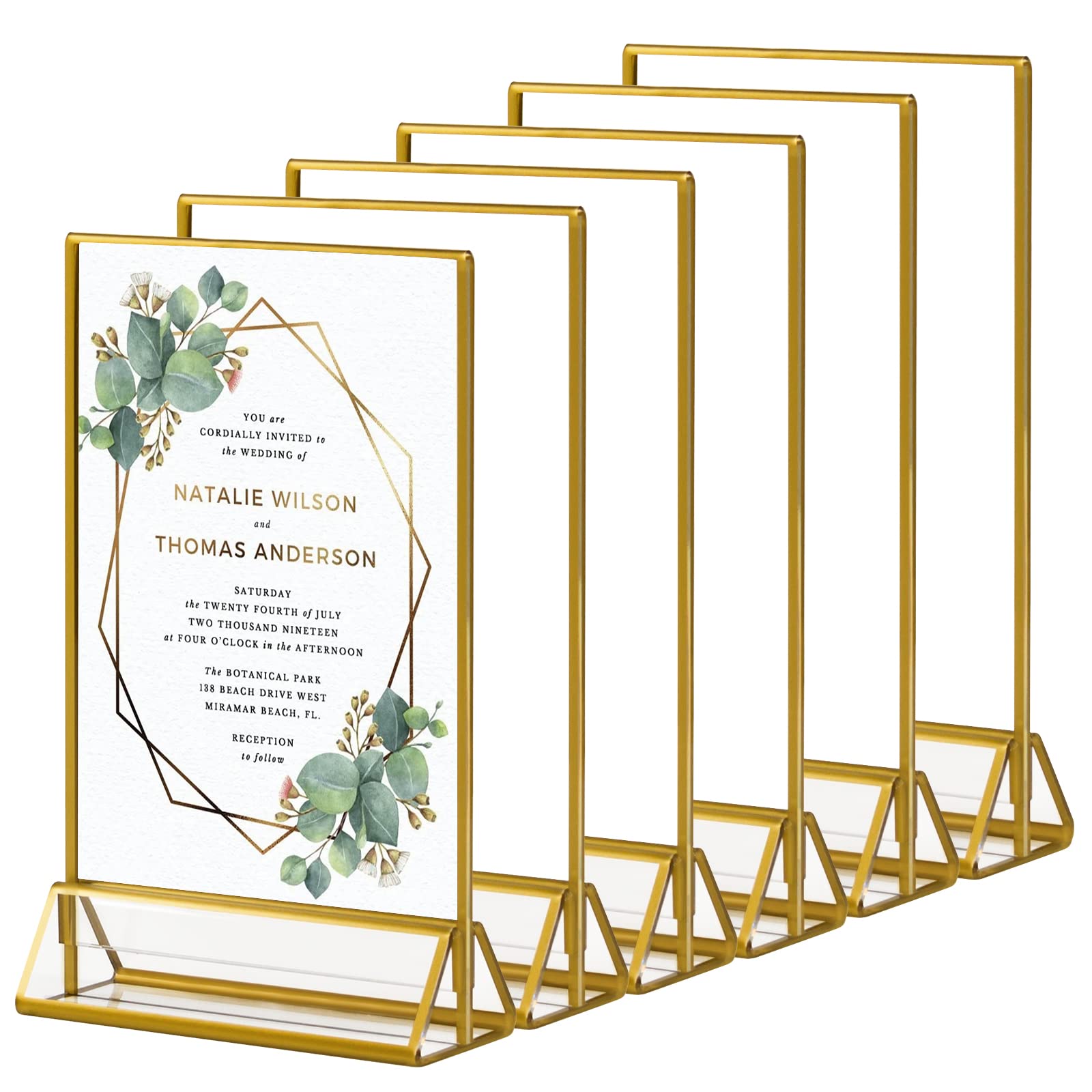 Dezzer Acrylic Gold Sign Holder, 6 Pcs 5 x 7 Inch Clear Acrylic Holder, Display Stand for Table Menu, Double Sided Table Display Stand for Wedding Table Numbers, Banquet, Restaurant Signs Display