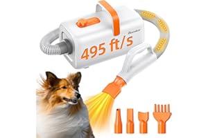buenkee Dog Blow Dryer for Pet Grooming - Maximum 495ft/s High Velocity Pet Blow Dryer with Cool-Warm-Hot Cycle Mode, Adjustable Temp & Speed, Dog Dryer with 4 Nozzles and Up to 6.56ft Flexible Hose