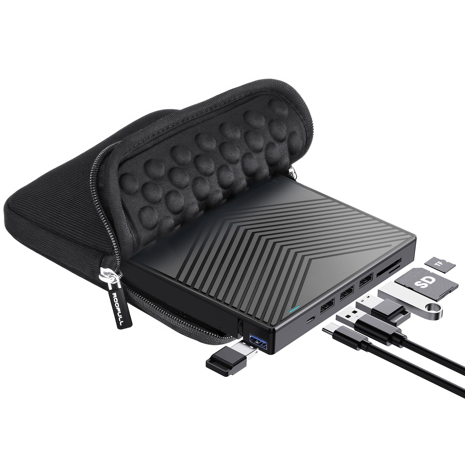 ROOFULL External CD DVD Drive Player Burner USB 3.0 & USB-C Portable CD/DVD-ROM +/-RW Optical Disk Drive with 4 USB Ports + 2 SD/TF Card Reader + Carrying Case for Laptop PC Windows Mac Linux Computer