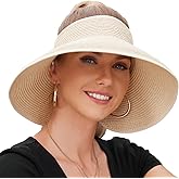 Women Sun with Roll-Up Ponytail Packable Foldable Wide Brim Straw UV Protection Sun Beach Hats for Women Travel