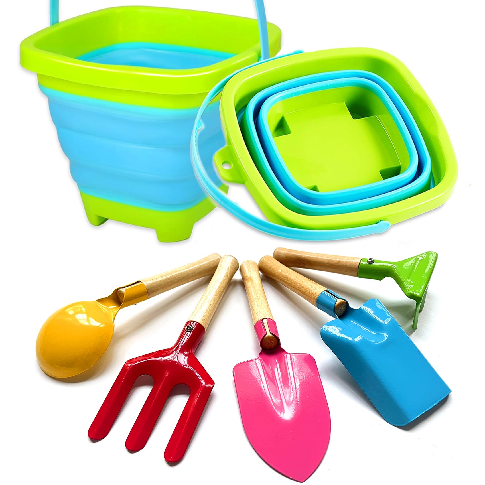 Foldable Sand Bucket & Shovel Kit, Collapsible Beach Toys Set for Kids, Foldable Sand Pails and Metal Shovel for Children Toddles Age 3 4 5 Summer Beach Party