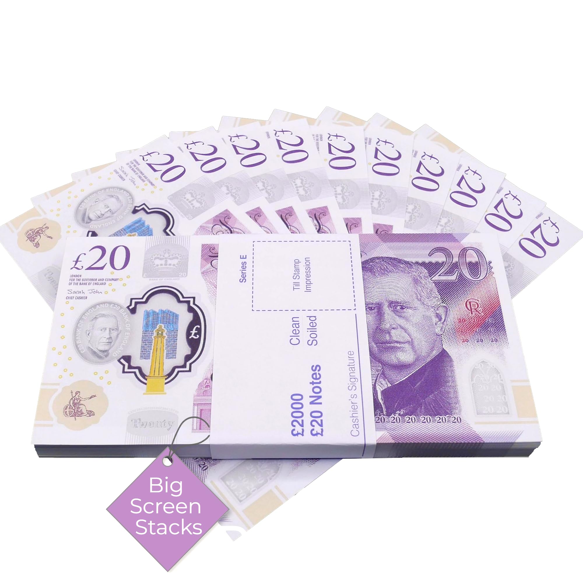 BIG SCREEN STACKS Prop Money UK – 100 Fake £20 King Charles Notes for Film, TV & Photography – Realistic Prop Cash for Content Creators, Games & Pranks, Pretend play