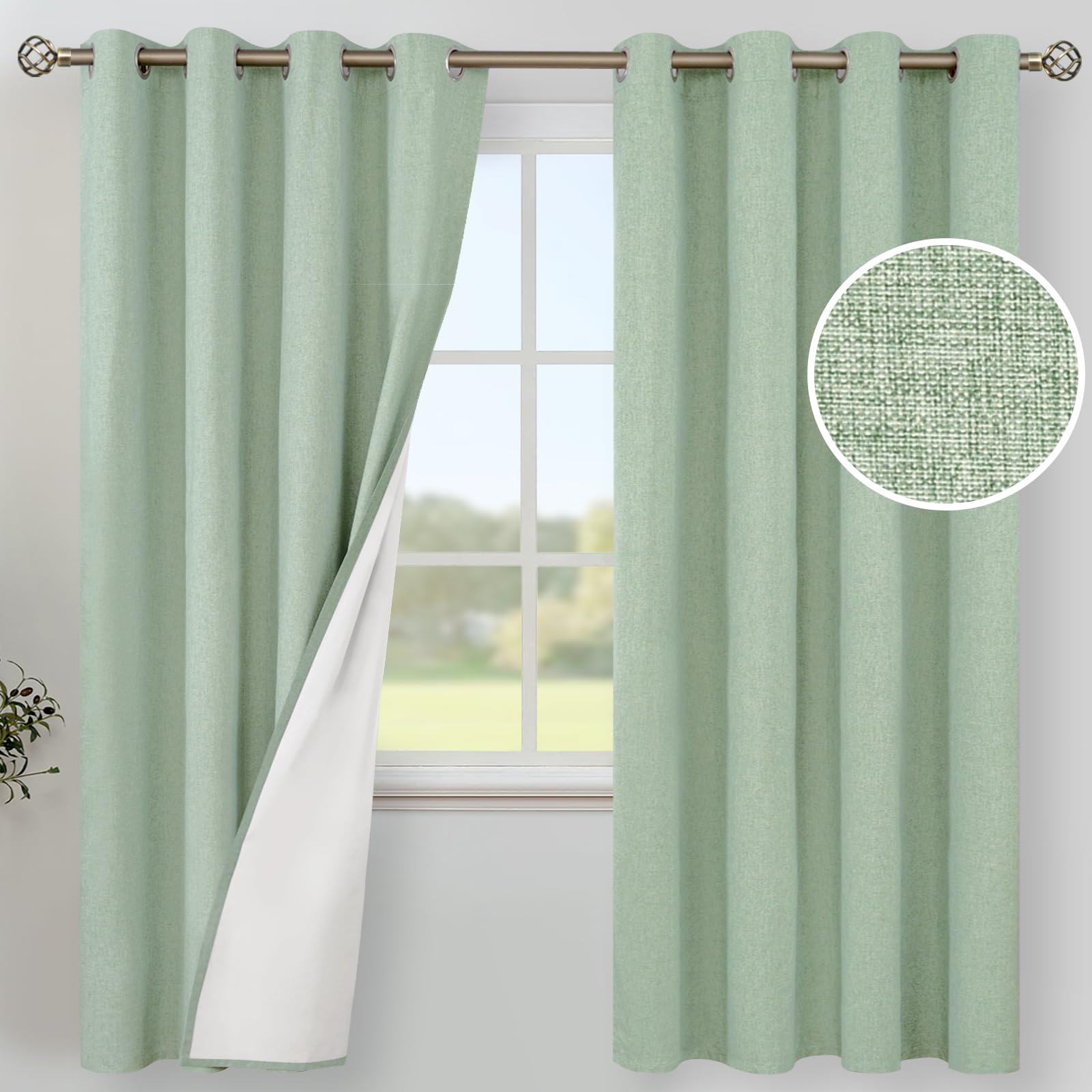 YoungsTex Light Green Linen Blackout Curtains 72 Inch Length for Bedroom, Grommet Thermal Insulated Drapes for Living Room Spring Decor with White Liner, 2 Panels, 52 X 72 Inch Image