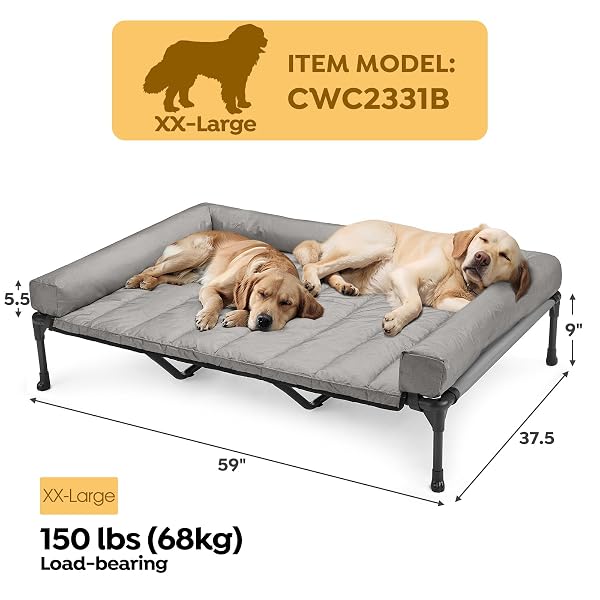 VEEHOO COOLING ELEVATED DOG BED ADD REMOVABLE WATERPROOF BOLSTER CUSHION MAT, RAISED PET COT WITH BREATHABLE TESLIN MESH, NO-SLIP FEET, DOG COUCH BED FOR INDOOR OUTDOOR, 59X37.5INCHES, GREY, CWC2331B