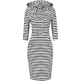 Clearlove 3/4 Sleeve Hoodie Dress for Women with Pockets Knee Length Pullover, Black and White Striped Hoodie Dress L