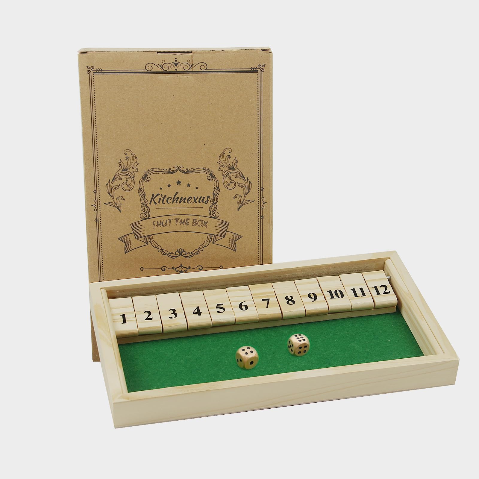 Kitchnexus 2-Player Shut The Box with 12 Numbers, For At Least 2 Players, Classic Dice Board Toy (green)
