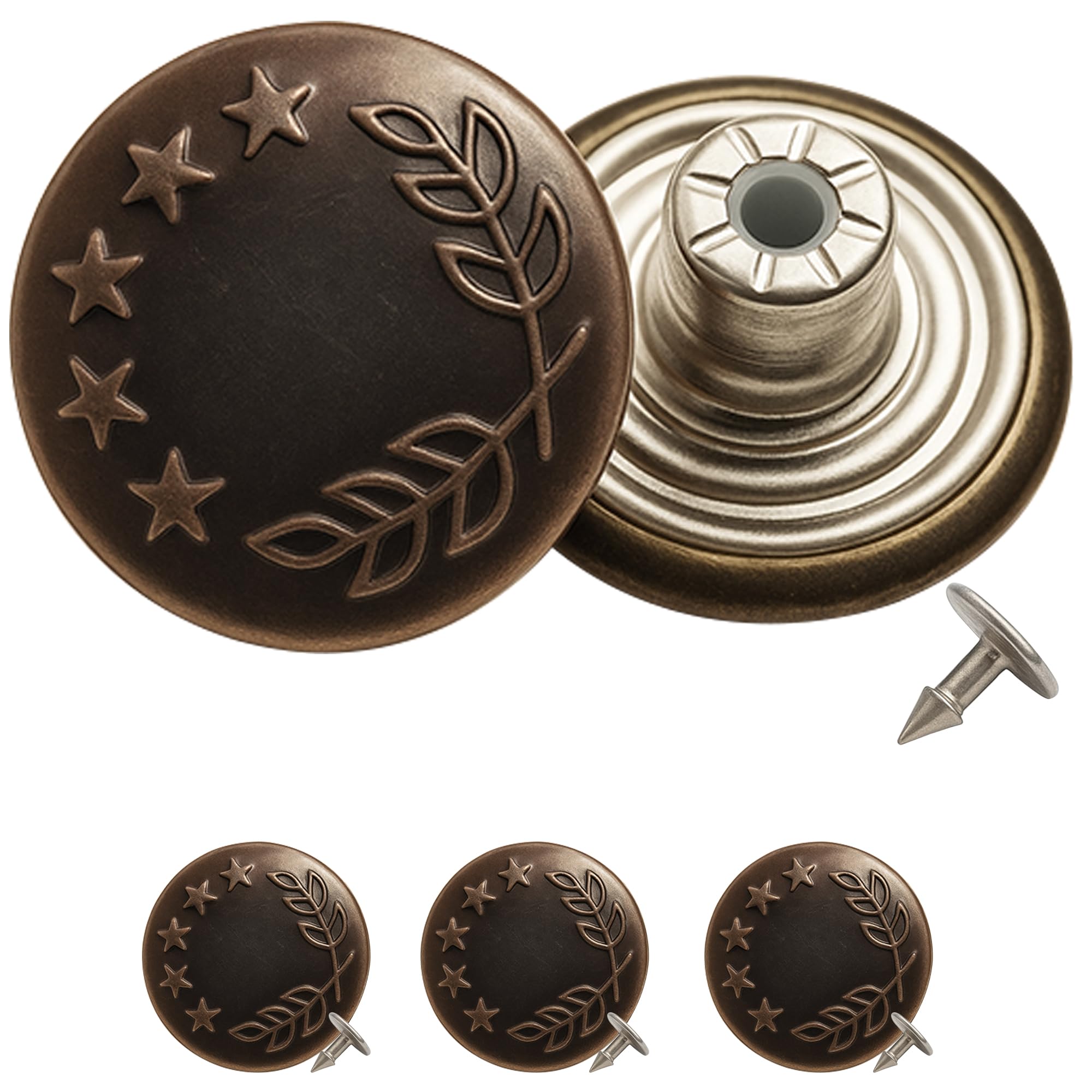 Trimming Shop 8 x Jeans Stud Buttons 17mm Wide Gunmetal Colour with 5 Stars, Replacement for Missing Buttons on Clothes, DIY Crafts