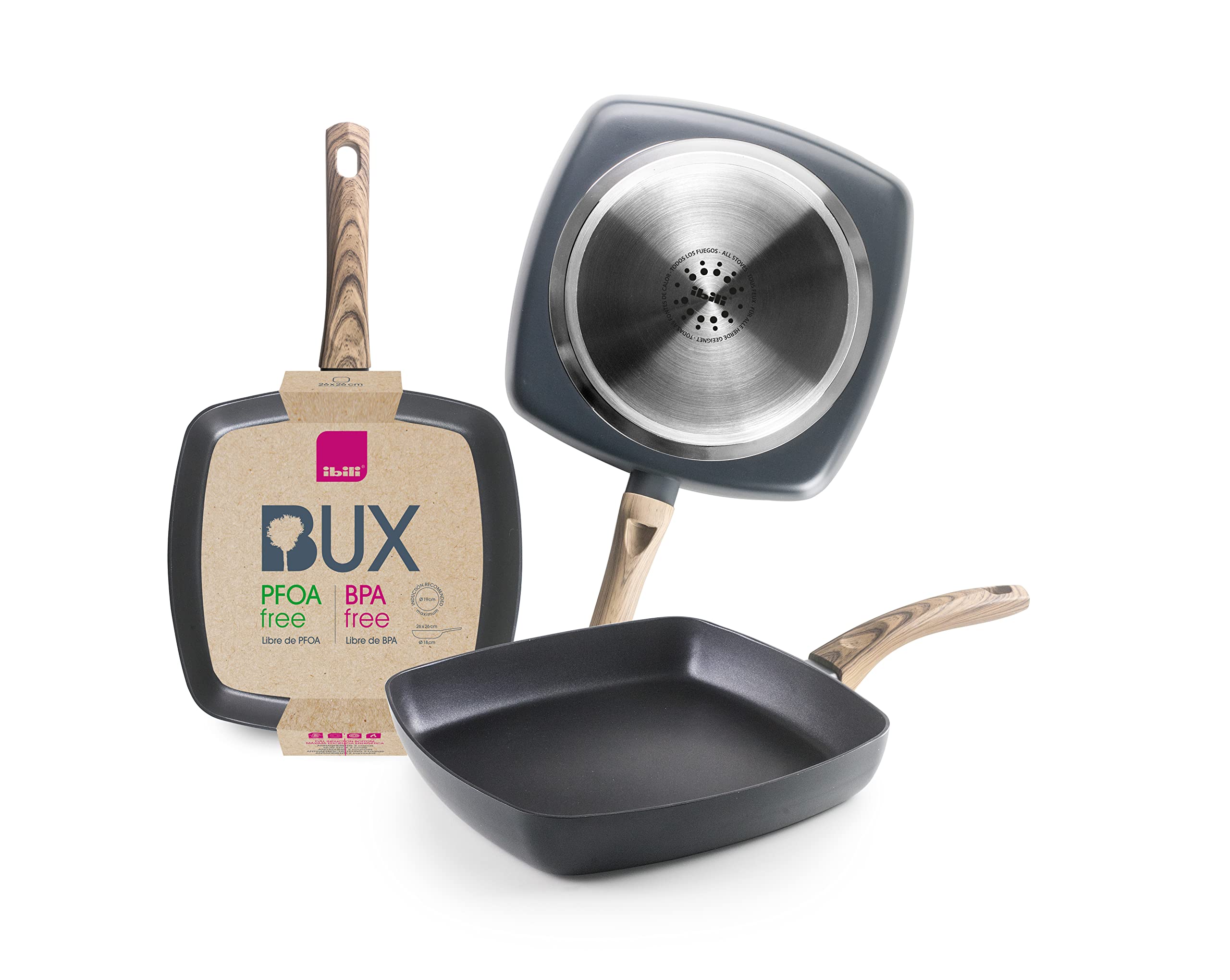 IBILI Bux Grill Pan, 26 cm, Aluminium, Wood-Style Handle, Xylan Non-Stick Coating, Suitable for Induction Hobs