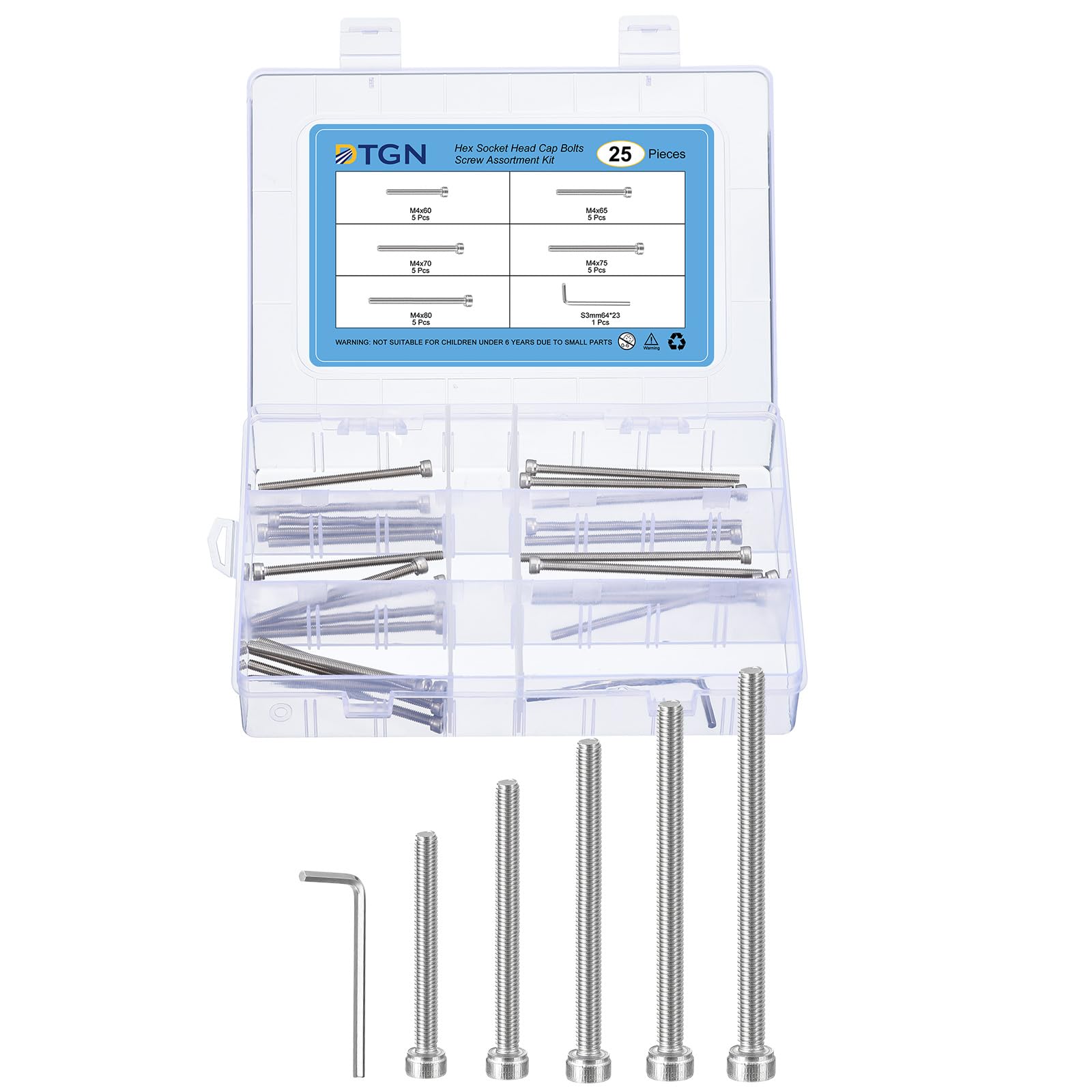 DTGN 25Pcs M4 Metric Screw Assortment, M4 Bolts Socket Head Screws, 304 Stainless Steel M4x60/65/70/75/80mm Hex Socket Head Cap Screws Bolt Set With Wrench for 3D Printing DIY