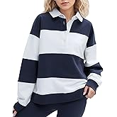 Soamat Womens Striped Color Block Polo Sweatshirt Rugby Shirt Oversized Long Sleeve Lapel Corllared Pullover Blouses