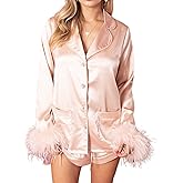 NJWTSDTZ Women Bridal Feather Pajama Set Silk Satin Long Sleeve Pjs Shorts Sleepwear Fur Trim Button Down Top Lounge Sets
