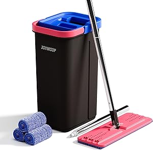 JOYMOOP Wischmopp und Eimer Set für Zuhause, Freisprech-Selbstreinigungssystem, mit 3 wiederverwendbaren Mikrofaser-Wischpads, geeignet für Bodenreinigung und Wandreiniger - Schwarz+Rot+Schieferblau