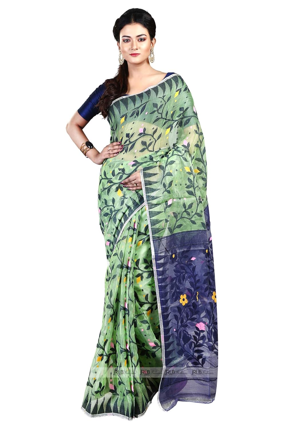 Buy Rlb Fashion Women S Cotton Silk Handloom Dhakai Jamdani Saree Blue And Olive At Amazon In